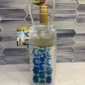 Freeze Beverage Tote / Ice Bucket To-Go / Wine Chill Bag / Clear/Blue - NWT